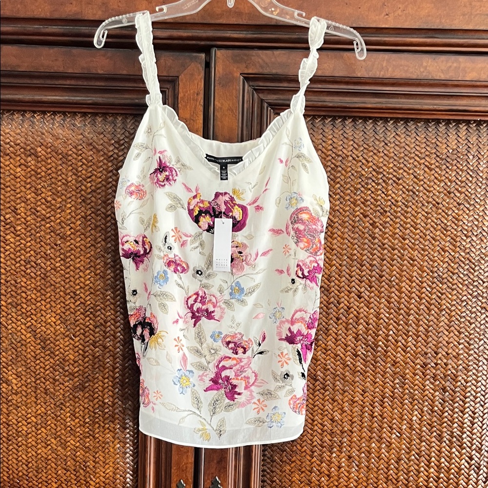 Elegant Floral Camisole in White with Pink and Purple